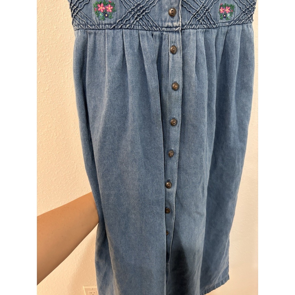 Vtg 90s Cottagecore Denim Maxi Dress Floral Embroidered Smocked Coquette L - Picture 6 of 13